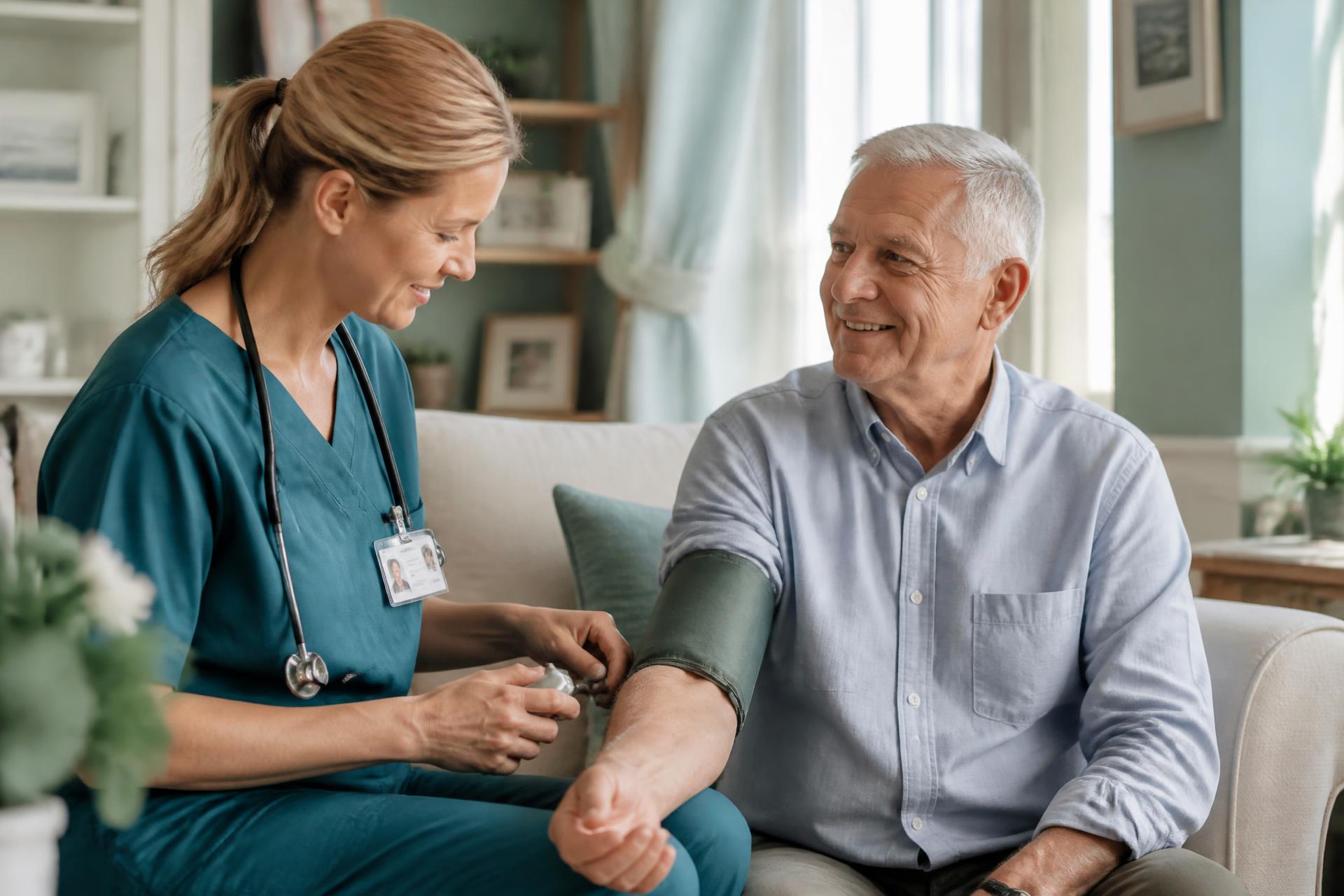 A home health nurse checking the blood pressure of a smiling older man in his living room